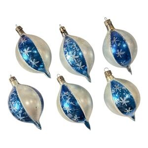 Vintage Christmas Tree Ornament Mercury Blown Glass Teardrop Mica Poland Blue 3"